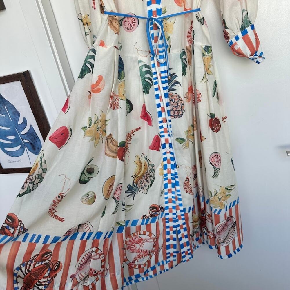 Buelah Fruit Print Midi Dress Button Front Tie Waist Size L - Picture 6 of 16